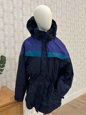 Columbia Navy Rain Jacket with Purple and Teal Panels